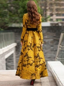 Vintage Jacquard Maxi Evening Party Dress (Excluding Belt) Woman Formal Ball Gown - Multicolor - View 2