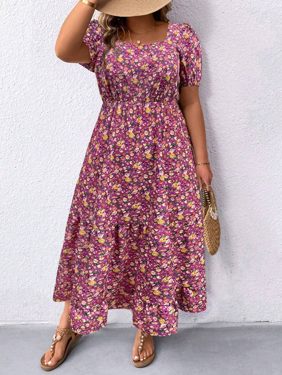 SHEIN LUNE Plus Size Women's Summer Vacation Style All Over Floral Print Square Neck Short Bubble Sleeve Dress - Hot Pink - View 1