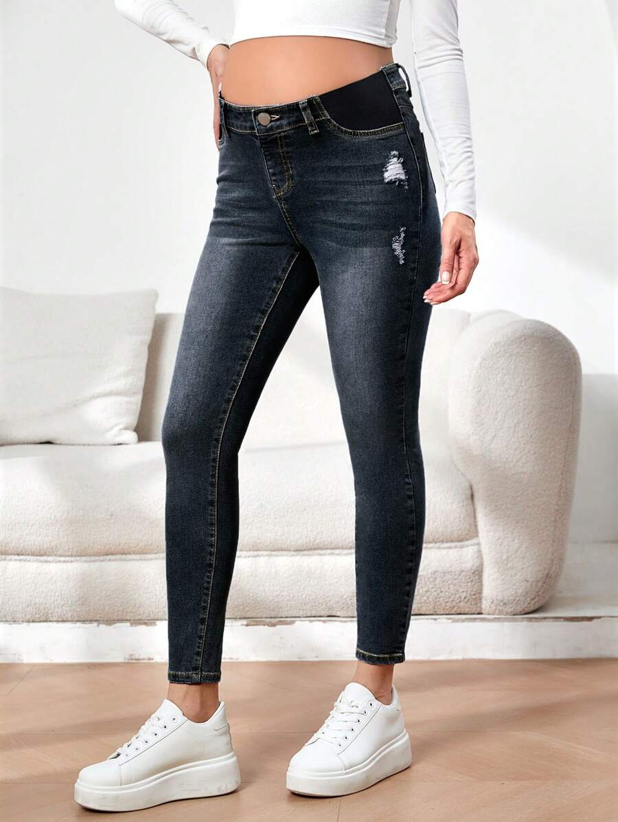 SHEIN Maternity Distressed Skinny Jeans With Pockets - Dark Wash - View 1