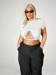 SHEIN SXY Plus Size Cut Out Basic Casual T-Shirt, Suitable For Summer, Dating, Casual, Shopping, Streetwear, Going Out, Vacation, Beach, Easy To Match&Looks Slim