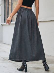 SHEIN Essnce 女式春夏季長款休閒牛仔裙，側邊開叉和褶紋細節設計 - 灰色 - 查看 2