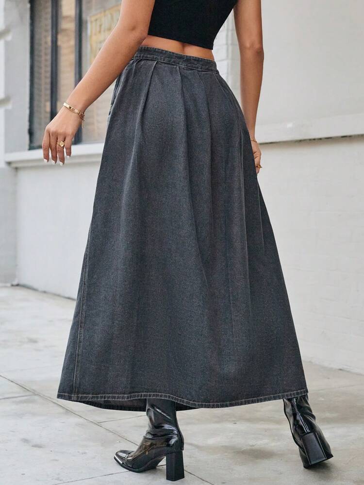 Women's Spring Summer Long Casual Denim Skirt With Side Slit And Pleated Details