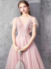 Nuevo vestido de noche elegante de color rosa dulce con escote en V, apliques de encaje, largo, para baile de graduación, cena, fiesta formal y vestido de invitado de boda