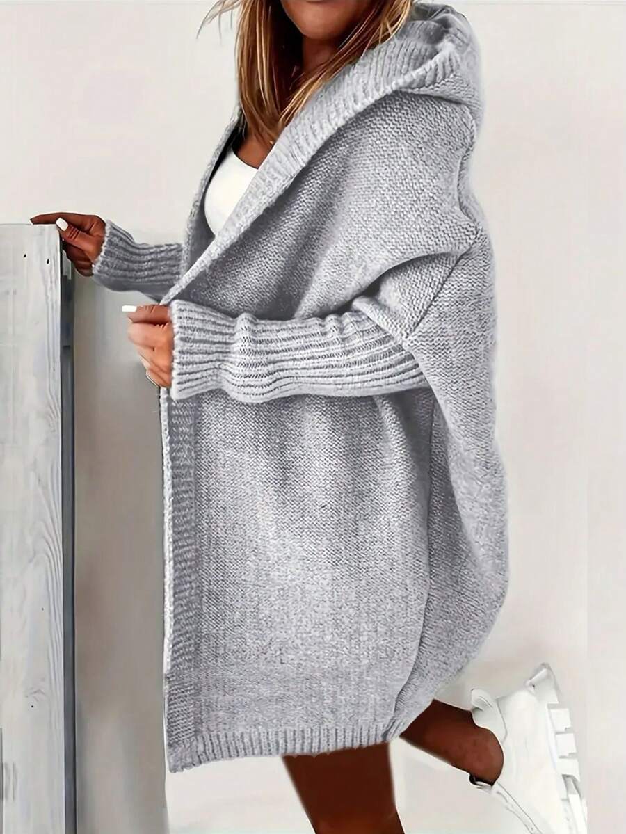 Solid Color Batwing Sleeve Oversized Hooded Cardigan Casual - Light Grey - View 1