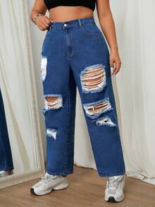 SHEIN VCAY Plus Size Casual Straight Leg Denim Jeans With Distressed Details And Slanted Pockets - Dark Wash - View 5