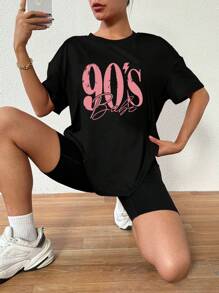 BamGleam 女士夏季宽松落肩 T 恤，字母印花，简约风格，超大版型图案 T 恤女上衣 - 黑色 - 查看 4