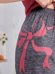 SHEIN 少女簡約蝴蝶結紋短袖和長褲針織舒適親膚家庭兩件套