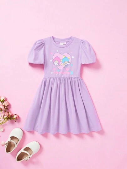 HELLO KITTY AND FRIENDS | SHEIN 少女休閒可愛心形圖案&卡通角色印花泡泡袖a字裙