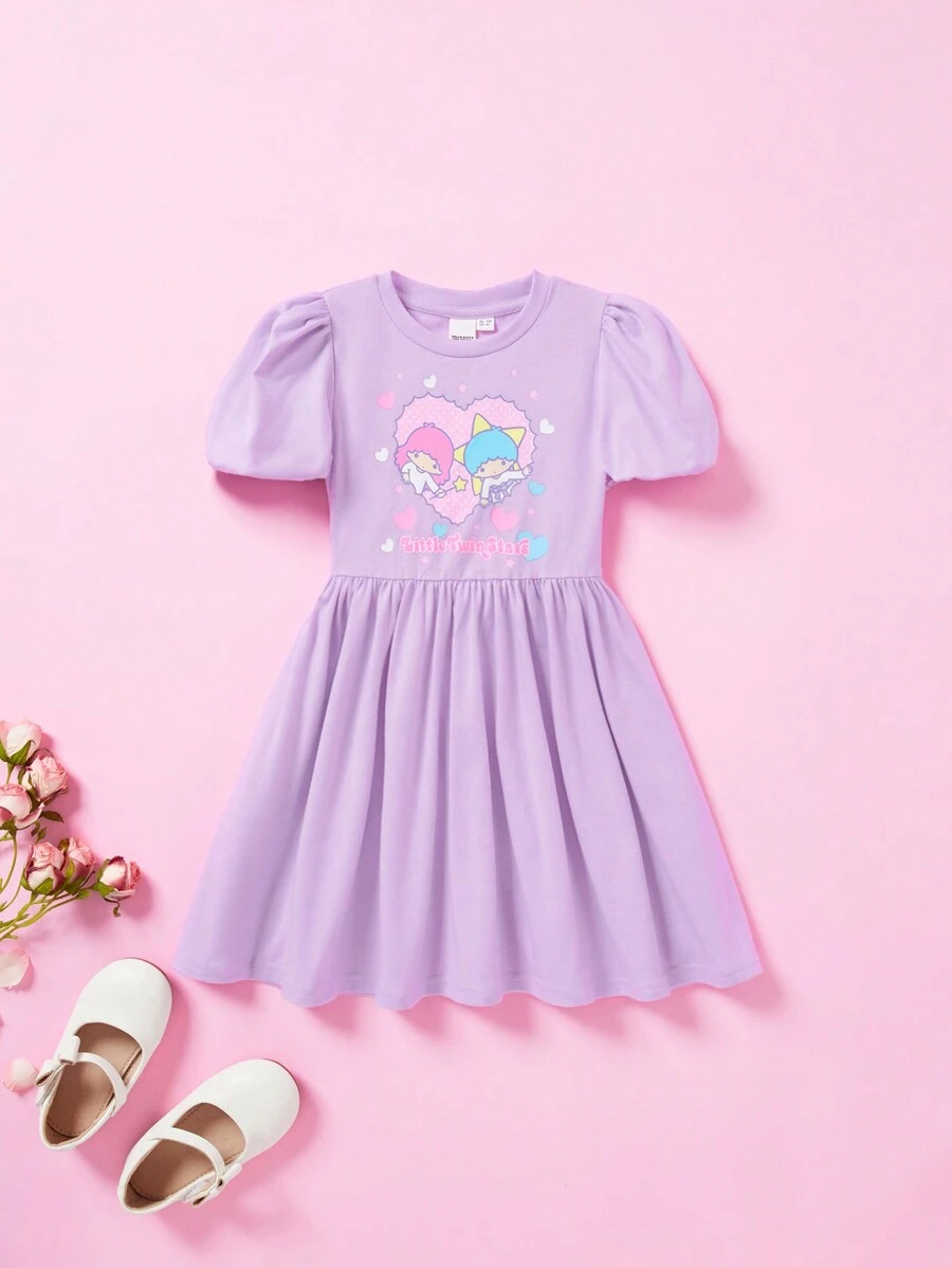 HELLO KITTY AND FRIENDS | SHEIN Young Girl's Casual Cute Heart & Cartoon Character Print Puff Sleeve A-Line Dress,Kids Party Dress,Little Twin Stars - Purple - View 1