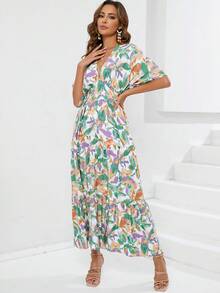 Váy midi xếp lớp in hoa tay cánh dơi khoét sâu chữ V, eo nhún cho nữ, kỳ nghỉ ở bãi biển - Nhiều màu - Xem 3