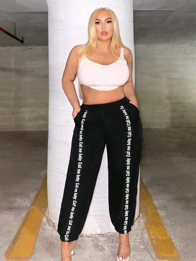 Plus Size Letter Print Slanted Pocket Elastic Waistband Casual Jogger Pants