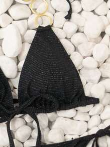 SHEIN Swim 纯色纹理两件套泳衣套装夏季