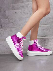 SheIn ICON 亮粉色时尚平底滑板鞋，带有节日设计，适合情人节和新年街头服饰、休闲、增高、温暖冬季、户外鞋运动鞋休闲鞋运动鞋 - 玫紅色 - 查看 1