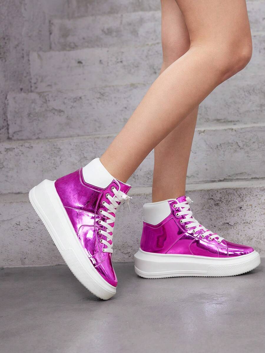 SheIn ICON 亮粉色时尚平底滑板鞋，带有节日设计，适合情人节和新年街头服饰、休闲、增高、温暖冬季、户外鞋运动鞋休闲鞋运动鞋 - 玫紅色 - 查看 1