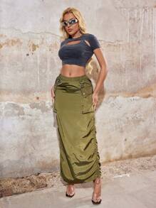 SHEIN SXY 3D立体口袋抽绳侧褶加长工装半身裙性感工装夏季女式西式服装生日单身派对音乐会俱乐部 - 墨綠色 - 查看 6