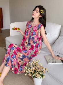 DAZY Women Summer Floral Print Round Neck Sleeveless Nightgown Pajama, Moo Moo Sleep Dress