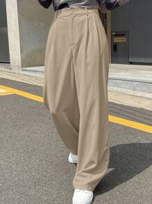 DAZY Women Solid Color Pleated Wide Leg Loose Regular Trousers,Women Dress Pants Fall - Khaki - View 4