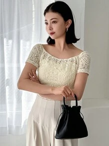 FRIFUL Maglietta estiva a maniche corte con scollo a barca in pizzo a tinta unita per donne