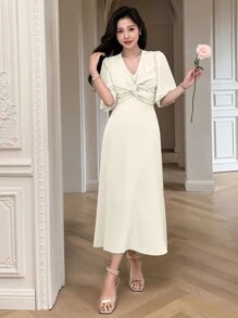Dazy Designer Elegant V-Neck Twist Design Long Summer Dress Sundress,Dress For Wedding - Beige - View 2