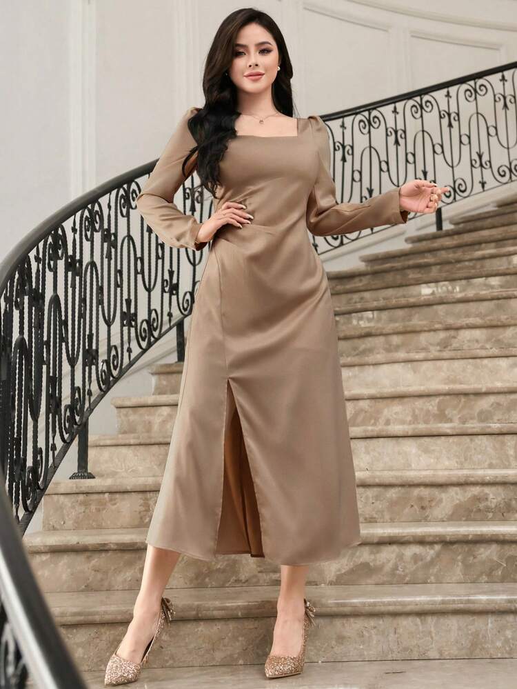 Women Solid Color Square Neck Long Sleeve Split Hem Dress, Suitable For Spring And Fall Maxi Dress