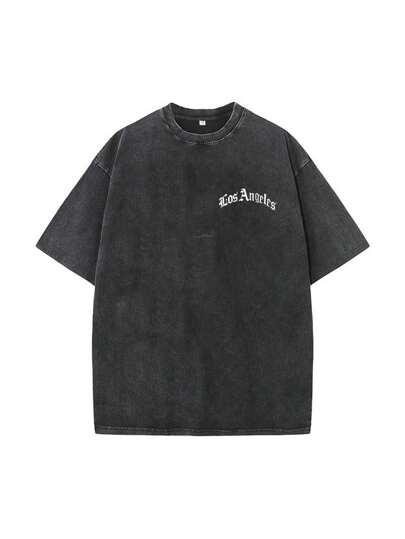 男式超大洛杉矶仿旧印花 T 恤，复古风格