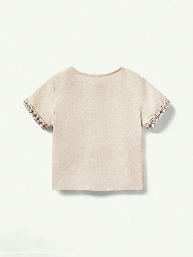 Baby Boy Summer Decorative Woven Tape Round Neck Short Sleeve Cardigan And Casual Shorts Two-Piece Outfits