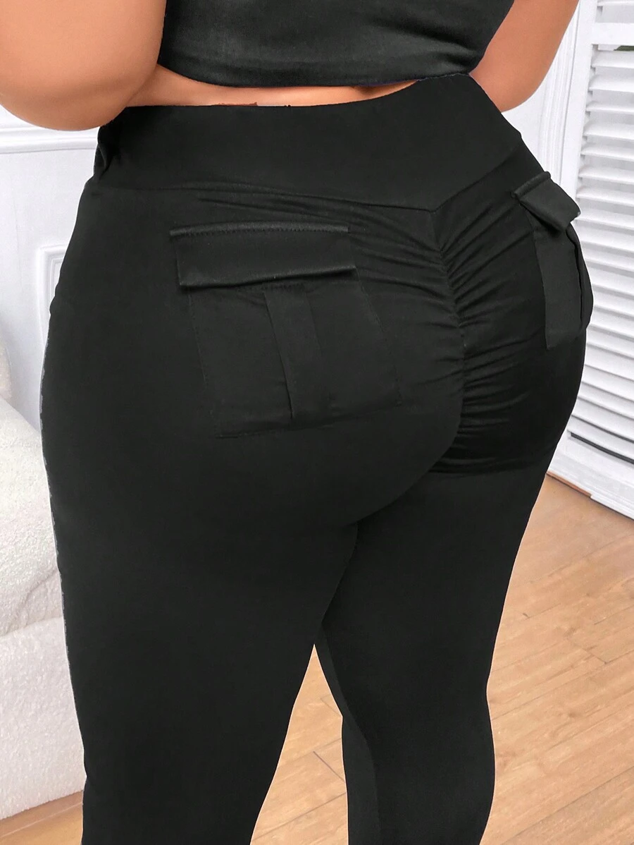 SHEIN CURVE+ Plus Size Solid Color Pleated Drawstring Pocket Leggings - Black - View 1