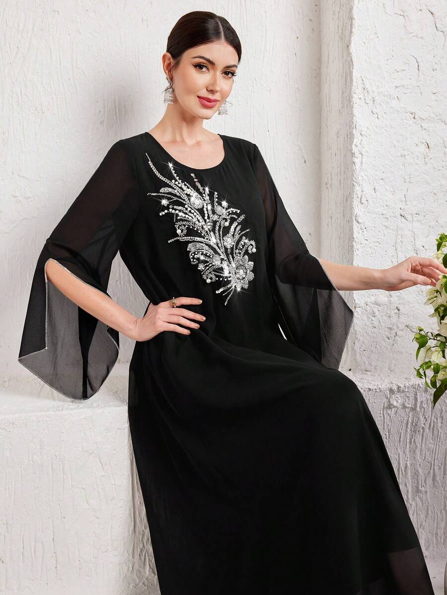 Al Najma 女士圓領網紗拼接休閒寬鬆阿拉伯長袍裙 - 黑色 - 查看 1