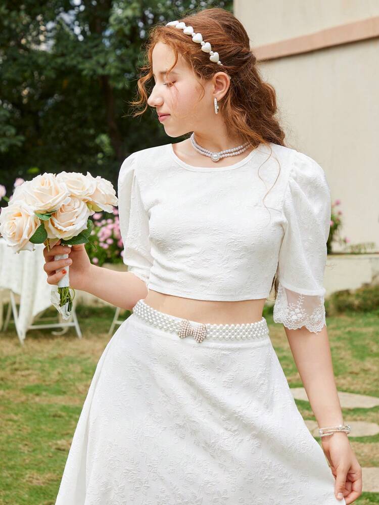 Teen Girl White Floral Texture Lace Trim Puff Sleeve Blouse & Shirt