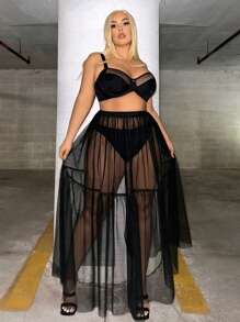 NU&NOW 大码度假夏季欧根纱松紧腰荷叶边下摆半透明半裙 - 黑色 - 查看 5