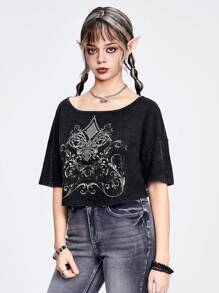 ROMWE Fairycore Women's Loose Cropped Snow Wash T-Shirt With Vintage Lily, Thorn And Rhinestone Embellishments