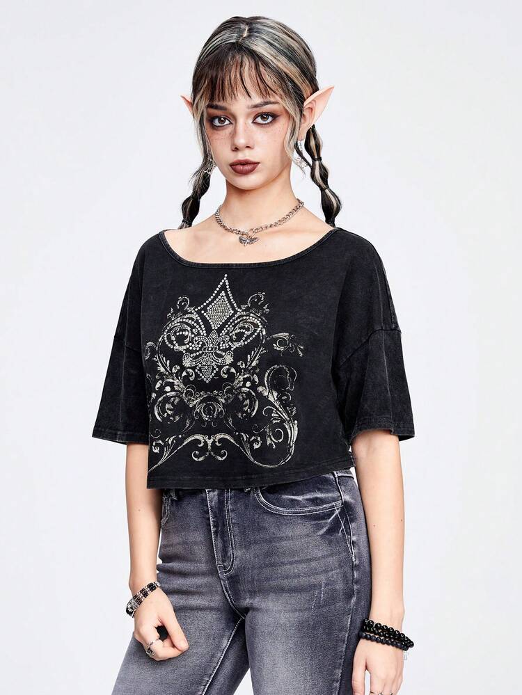 Women's Loose Cropped Snow Wash T-Shirt With Vintage Lily, Thorn And Rhinestone Embellishments