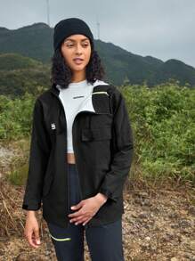 In My Nature Women Solid Color Simple Zipper Outdoor Raincoat - Black - View 4