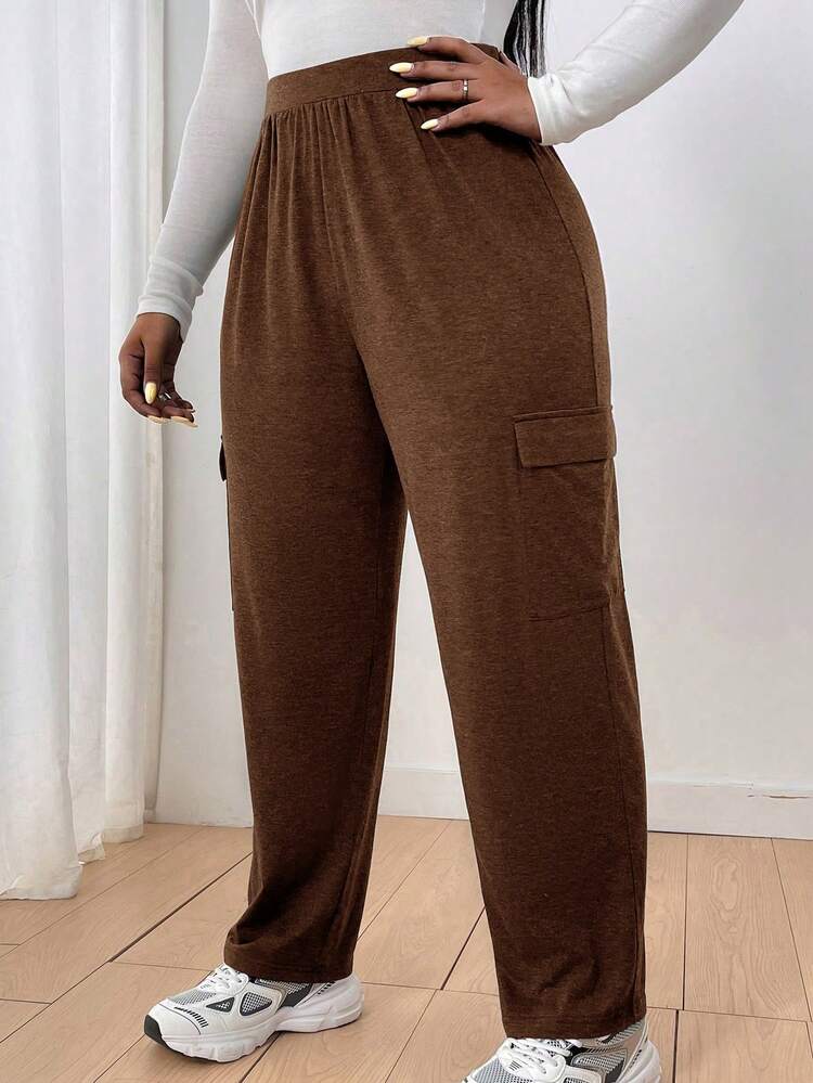 Women's Plus Size Solid Color Flap Pocket Pants Fall Cloth For Women