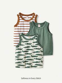 Cozy Pixies Baby Boy Cartoon Crocodile Pattern Tank Tops With Color Block Round Neck, 3pcs/Set