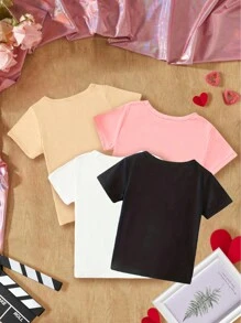 SHEIN Young Girl 4pcs/Set Casual Short Sleeve T-Shirts With Cow Head, Horse & Cowboy Boots Print For Summer - White - View 2