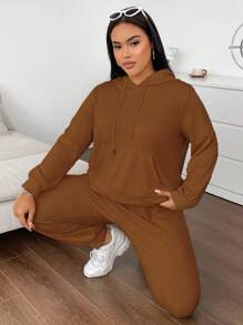Maweii 大尺碼純色連帽運動衫和長褲套裝 - 棕色 - 查看 3