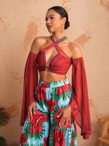 BELANGE HANDMADE Top de mujer diseñador con hombros descubiertos, mangas de campana y corte hueco, para otoño, vacaciones, salir, festival