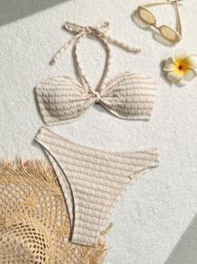 Swim Mod Conjunto de bikini de verano con textura a rayas, con sujetador de cuello halter y piezas separadas - Albaricoque - Ver 1