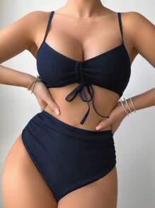 SHEIN Swim 女性時尚蝴蝶裝飾比基尼套裝 - 藏蓝色 - 查看 3