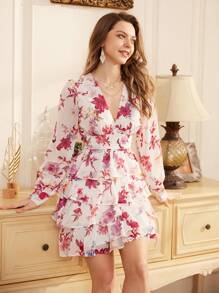 Revavyn Women Floral Printed Multi-Layered Ruffled Cinching Waist Dress For Spring And Summer Vacation Outfits Woman  Fall Cloth For Women - Red - View 5