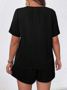 SHEIN LUNE 夏季大碼女士前扣綁設計短袖襯衫和短褲套裝 - 黑色 - 查看 2