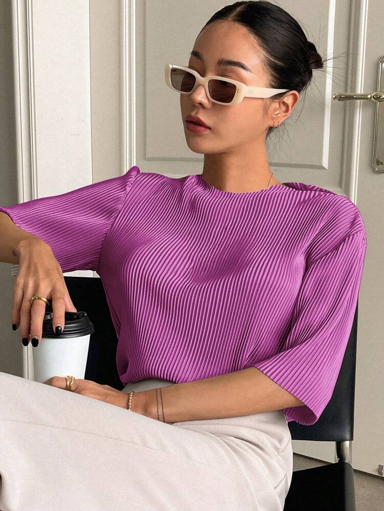 Women's Solid Color Pleated Short Sleeve T-Shirt