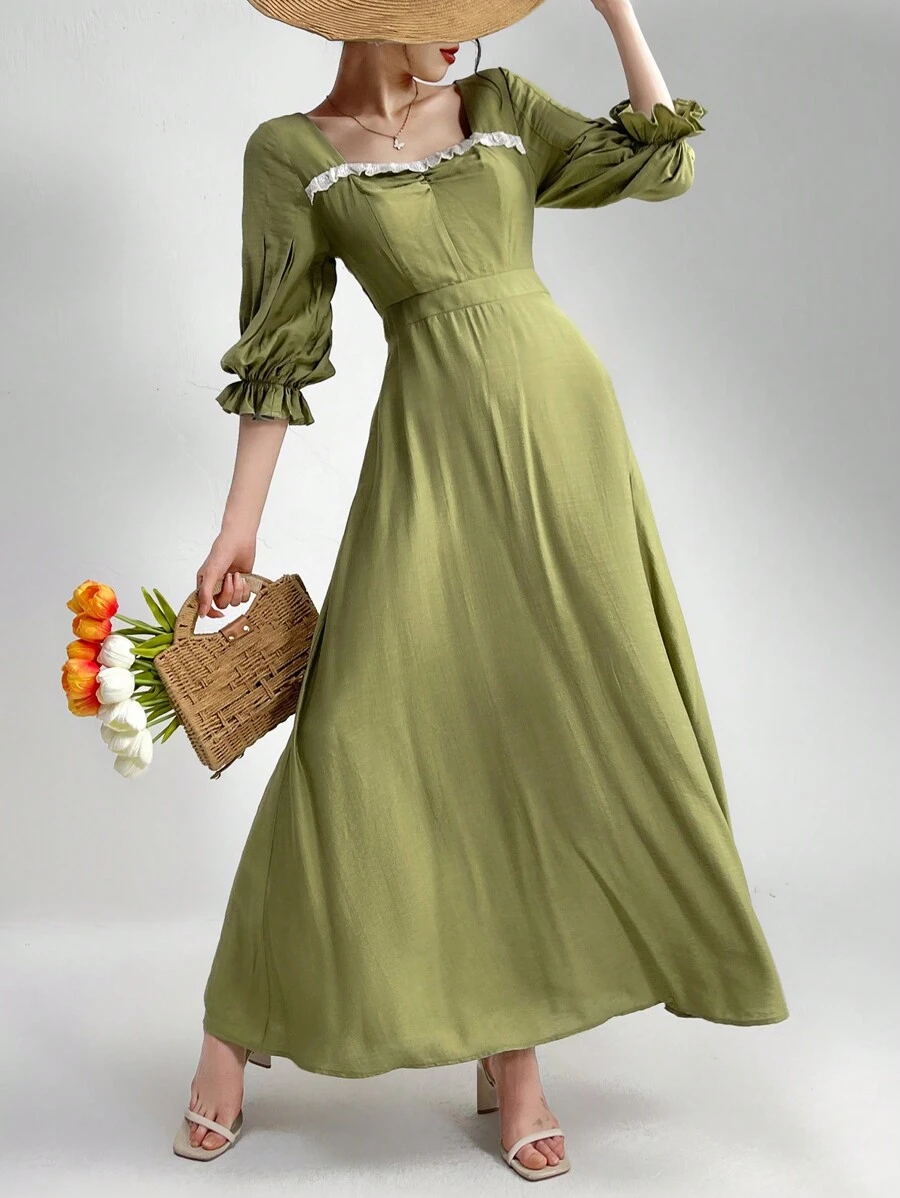 Modelyn Vestido árabe de mujer con mangas farol y escote de corazón - Verde - Ver 1