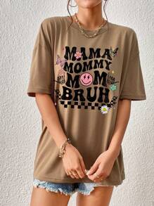 INAWLY Flower, Butterfly & Letter Printed Short Sleeve T-Shirt For Summer MAMA MOMMY MOM BRUH