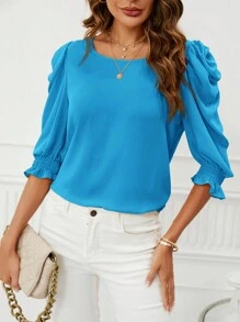 SHEIN Clasi 女士純色荷葉袖上衣 - 薄荷藍 - 查看 3