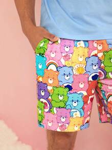 SHEIN X Care Bears Men Summer Cartoon Dreamy Dopamine Rainbow Bear Print Casual Loose Blue Short-Sleeved T-Shirt & Shorts Loungewear Two-Piece Set