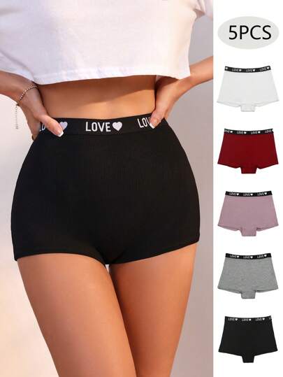 Love Contrast Color High-Waisted Women Boxer Shorts (Set Of 5) Sports