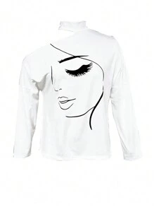 INAWLY Women's Spring Casual Asymmetrical T-Shirt With Character Print And Stand Collar Graphic Tees Women Tops Fall Cloth For Women - White - View 3
