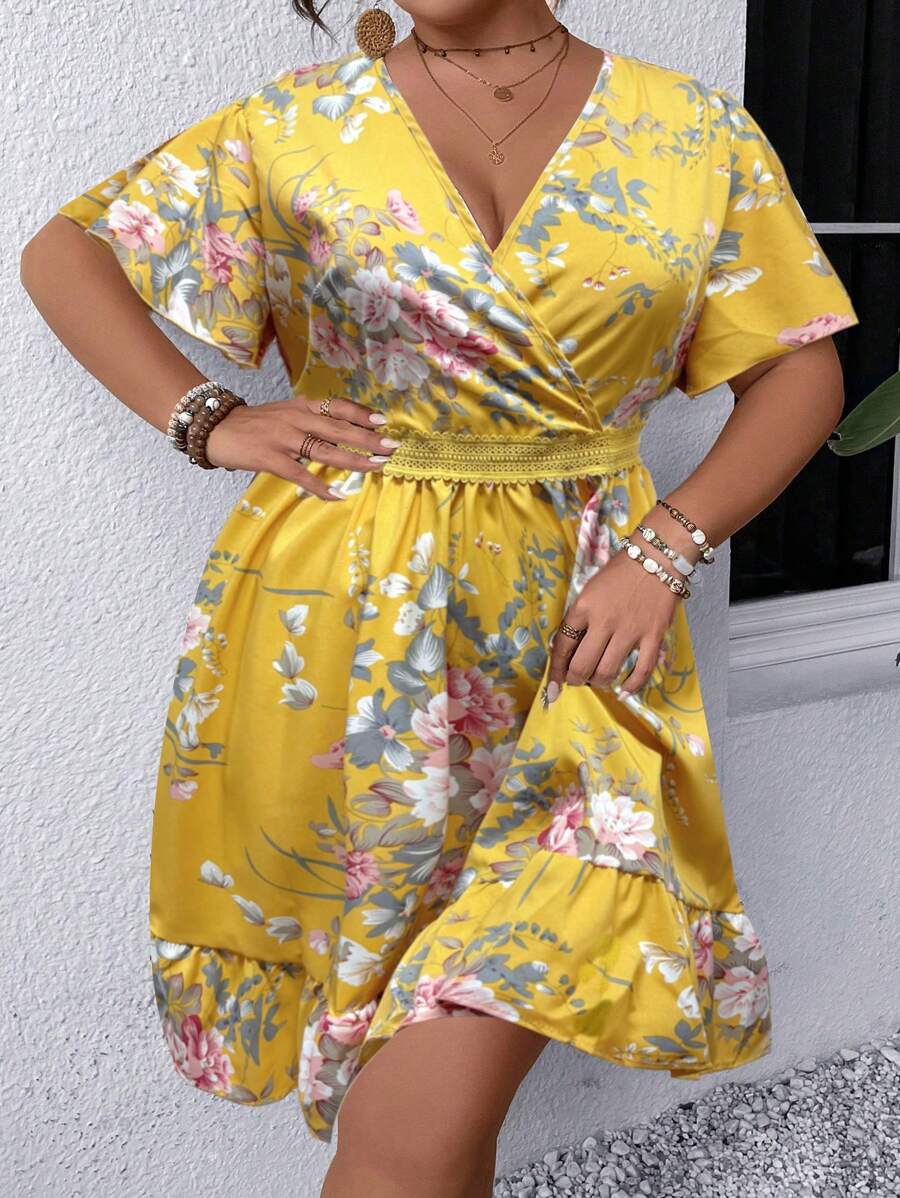 Flirla 女士時尚的夏日假期印花V領加大碼連衣裙，束腰設計